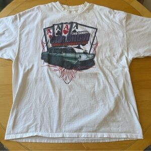 Port and Company White Tee with Car and Playing Cards Design